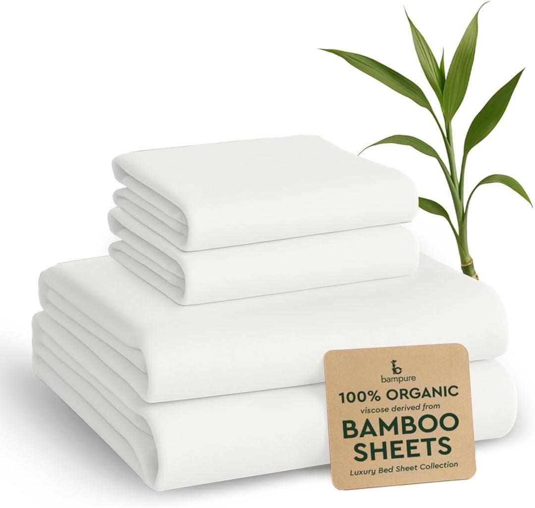 BAMPURE Luxury Series Queen Sheet Set - 100% Pure Viscose Bamboo Sheets - Super Soft, Cooling for Hot Sleepers - Deep Pocket (Up to 16'') (White)