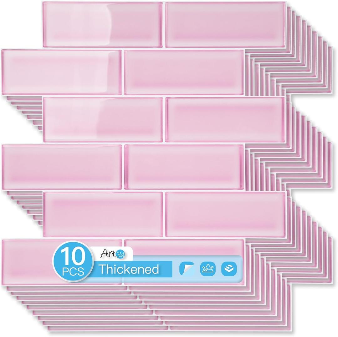 Art3d 3-Pack Heavy-Duty Peel and Stick Backsplash, 12 x 12 Inch Vinyl Seaglass Subway Design Stick on Wall Tile for Kitchen Living Room Home Decor, Pink