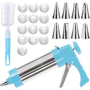 FANTEXY Cookie Press Gun Kit, Stainless Steel Spritz Cookie Press for Baking Icing Gun with 13 Cookie Discs and 8 Piping Tips for DIY Biscuit Cake Dessert Making and Decorating Baking Supplies (Blue)