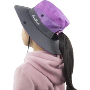 Kids Girls Ponytail Sun Hat Wide Brim UV Protection Summer Bucket Cap (Purple)
