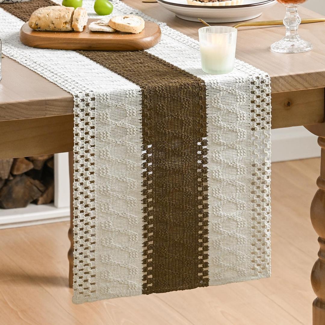 Artoid Mode Light Coffee Farmhouse Rustic Table Runner, Seasonal Holiday Hollow Kitchen Dining Table Decoration for Home Party Decor 12x120 Inch