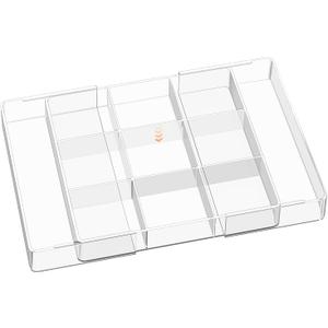 VDTEB Acrylic Expandable Desk Drawer Organizer with 11 Adjustable Compartments and 6 Removable Dividers Desk Accessories for Office Kitchen Bathroom Makeup and Utensil Junk Storage (Clear, 3Pcs)