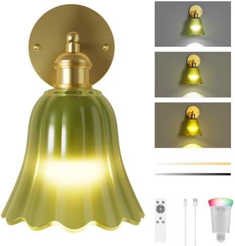 FULEN Battery Operated Wall Sconce with Green Tulip Glass Lampshade Wireless Sconces 10000mAh Rechargeable Battery Powered Wall Light with Remote Control for Vintage Decor Bedside Bedroom Livingroom