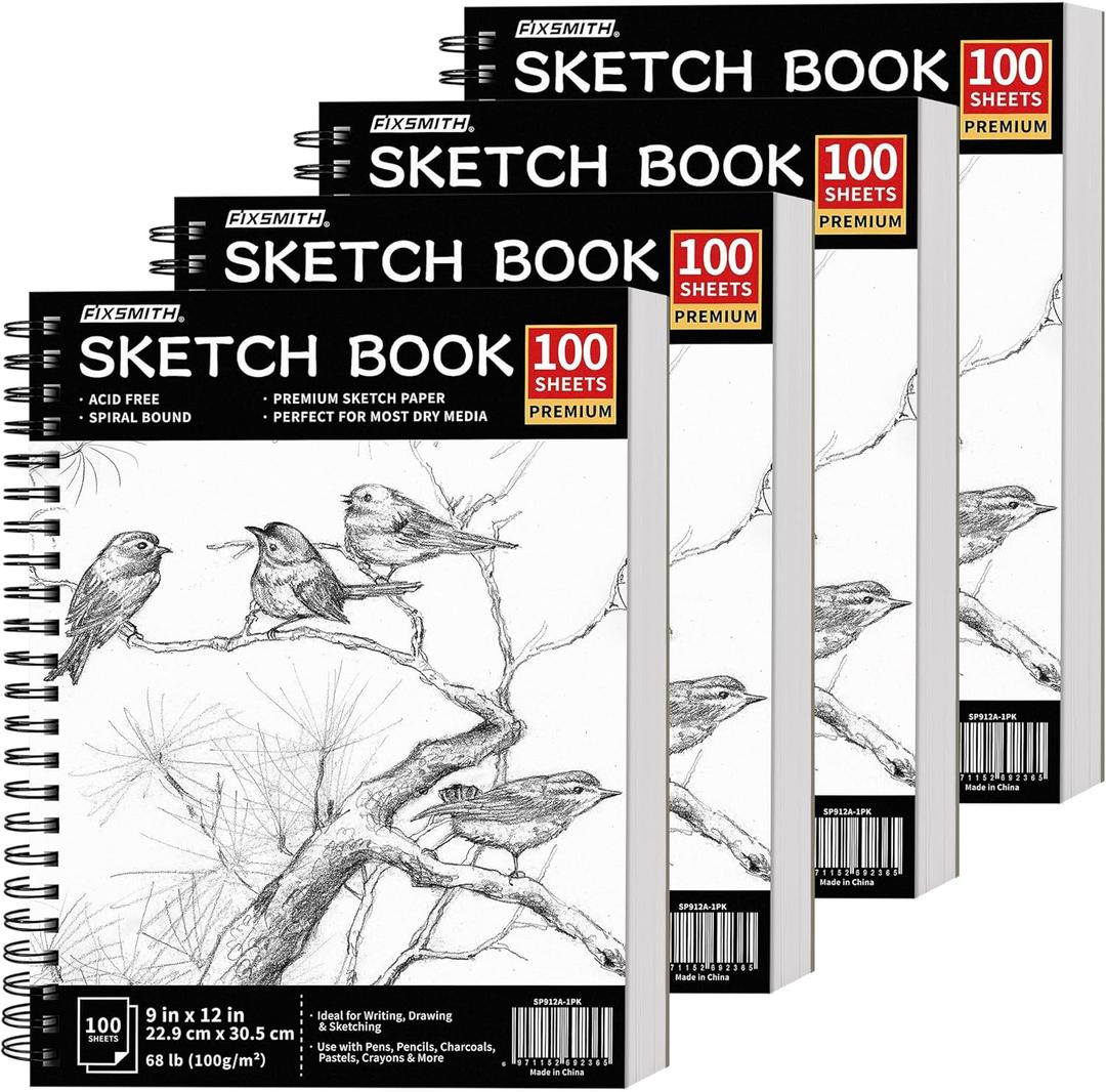 FIXSMITH 9"X12" Sketch Book | 400 Sheets (68 lb/100gsm) Sketchbook| 4 Pack (100 Sheets Each) |Acid Free Drawing Paper | Spiral Bound Sketchpad for Beginners,Artists & Professionals | Bright White (9"x12"-4 Pack)
