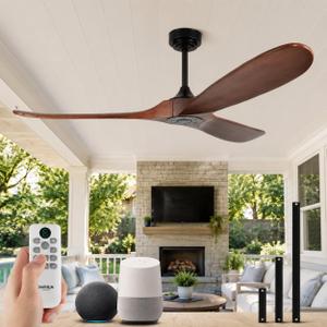 60" Wood Ceiling Fan no Light, Smart Ceiling Fans without Lights with Alexa Google App, Indoor Outdoor Ceiling Fan no Light for Bedroom Porch Modern Propeller 3 Blade High CFM Motor,Red Walnut