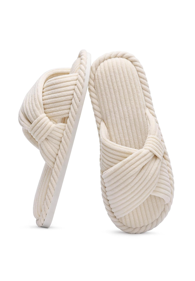 Evshine Summer House Slippers for Women Corduroy Cross Bow Indoor Slippers Open Toe Slip On Bedroom Shoes with Memory Foam 270mm