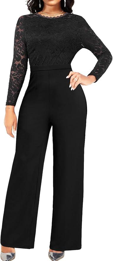 sexycherry Formal Jumpsuit for Women Dressy Wedding Guest Elegant Long Sleeve Long Straight Pants Cocktail Party Rompers (X-Large, Black)