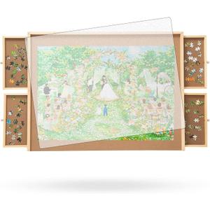 500 Piece Puzzle Board with Drawers, Small Puzzle Board 14" x 28" Jigsaw Puzzle Table with Cover Mat, 4 Drawers, Small Puzzle Table, Birthday Gifts
