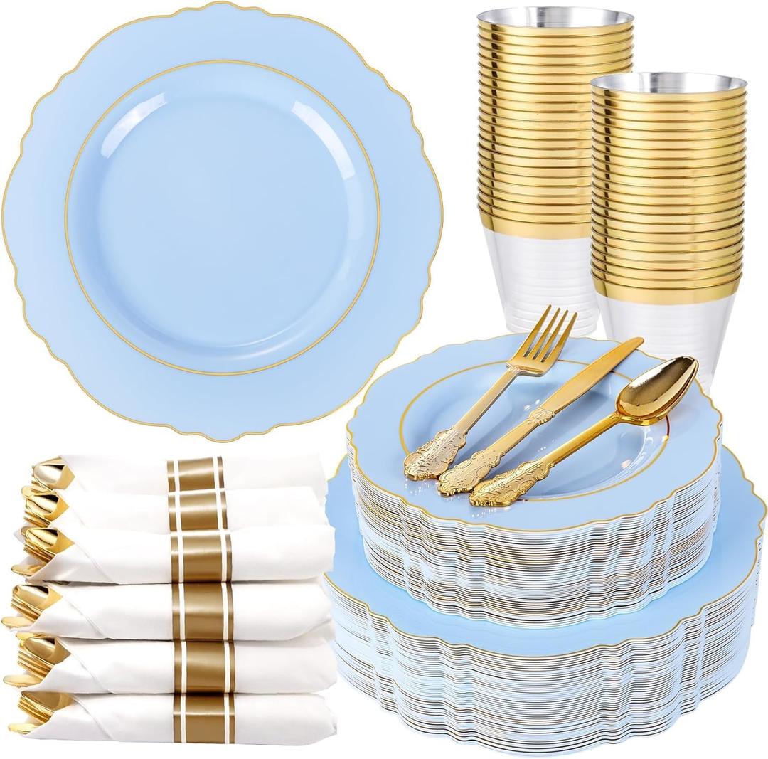 Liacere 175PCS Bule Plastic Plates - Disposable Ligh Bule and Gold Plates - Baroque Plastic Dinnerware 50Plates, 25Pack Pre Rolled Napkins with Silverware 25Cups for Baby Shower Party & Wedding