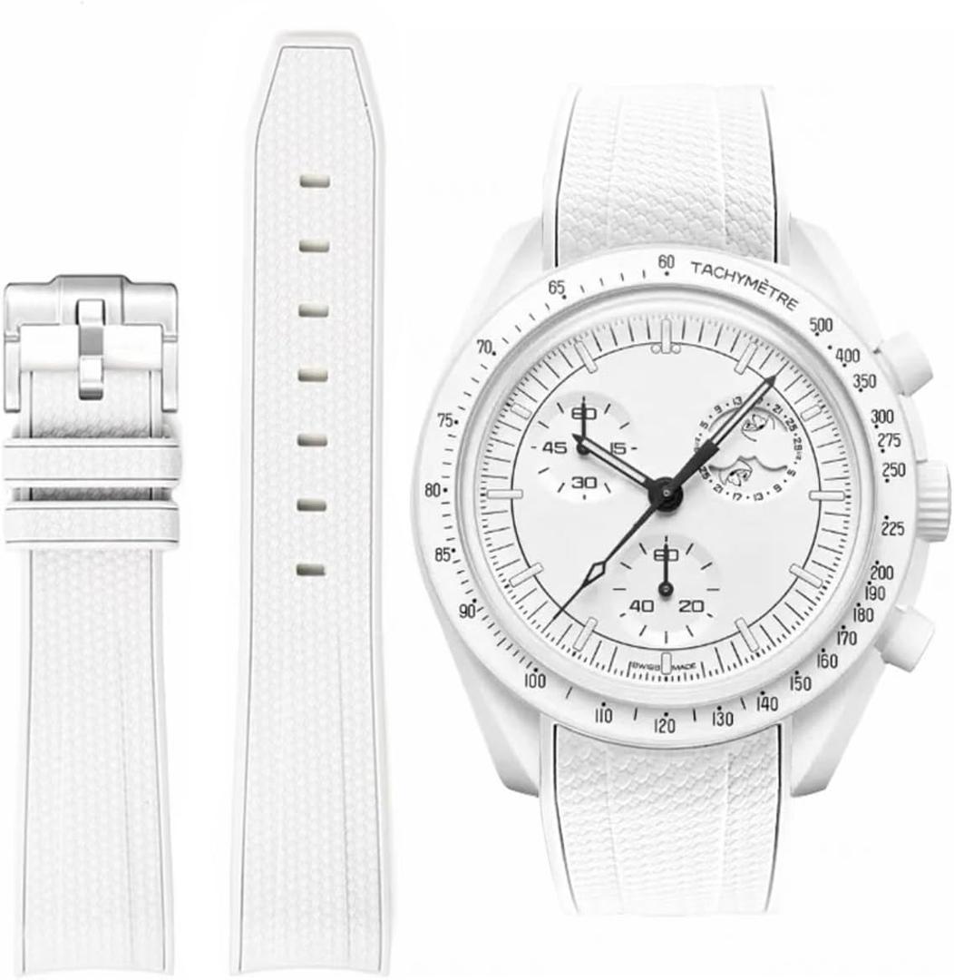 Bands for Moonswatch Watch Rubber for Omega x Swatch MoonSwatch 20mm Rolex Seiko Watch Silicone Men with Stainless Steel Replacement Bracelet Original Bracelet Omega x Swatch MoonSwatch Speedmaster (White)