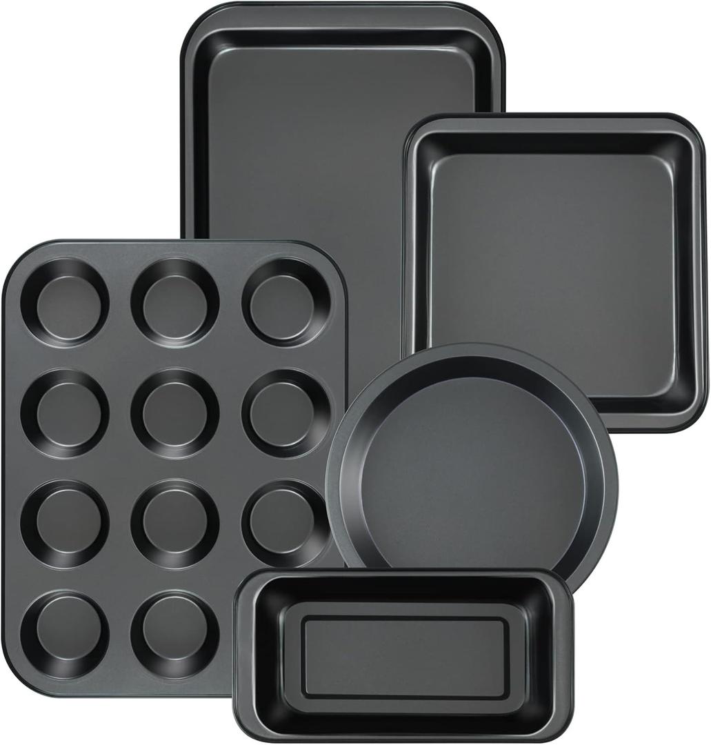 Kitchen 5-Piece Nonstick Bakeware Set - Round/Square Cake Pans, Muffin Pan, Loaf Pan, Roast Pan & Baking Sheets (Black)