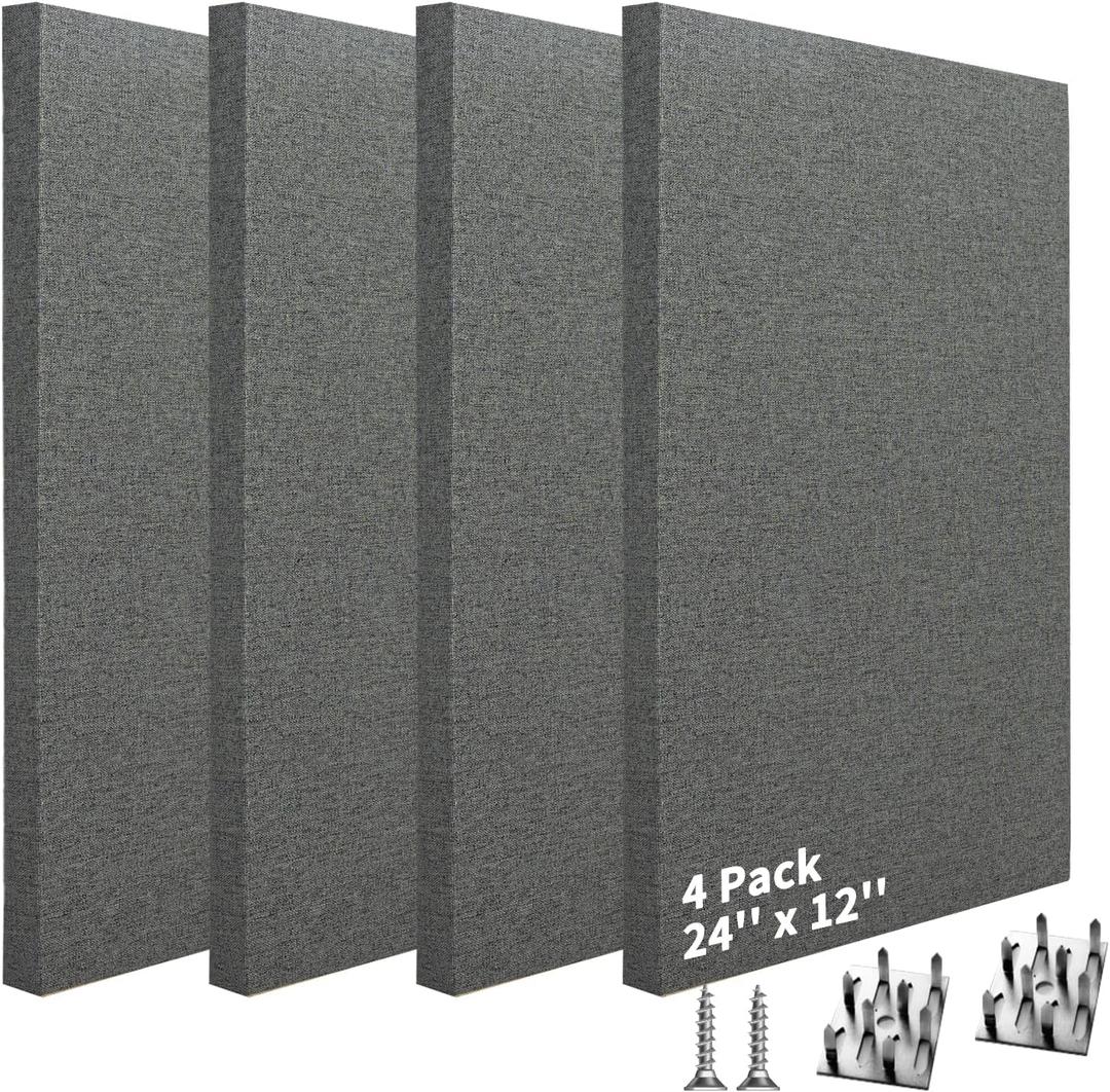 Art3dwallpanels 4 PCS Acoustic Panels, 24''x12'' Fabric Soundproof Wall Panels, Easy-Hook Mounting Sound Absorbing Panels for Studios, Office, Home Theater,Dark Grey