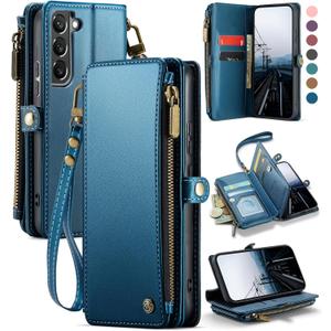 Defencase Compatible with Samsung Galaxy S22 5G Case Wallet with RFID Blocking Card Holder for Women Men, PU Leather Magnetic Snap Flip Zipper Strap Wallet Phone Case Fit for Galaxy S22 5G 6.1", Blue (Elegant Dark Blue)