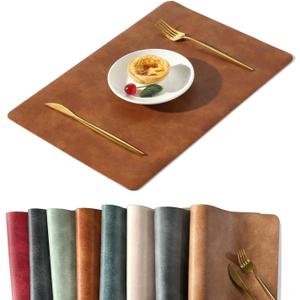 UnivoColors Washed Cowhide Pattern PU Leather Placemats Set of 4 Heat Resistant Kitchen Table Mats, Waterproof Wipeable for Party Decoration(Reddish Brown)