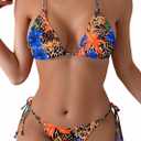 Tainehs Women's Sexy Halter Thong Bikini Tie Two Sides Bottom Triangle Bikini Swimsuits (Medium, Floral Blue)