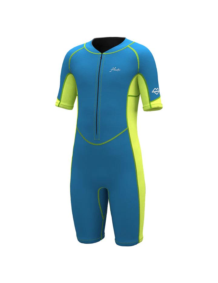 Kids Shorty Wetsuit 2mm Green Blue Front Zipper for Swimming 14