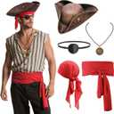 5PCS Pirate Costume Accessories Set for Men Halloween Pirate Hat Tricorn Hat, Bandana, Sash, Eye Patch, Necklace (Red)