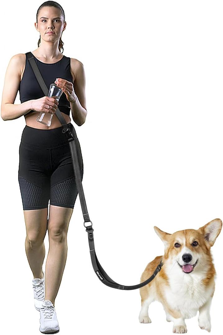 Hands Free Dog Leash, Crossbody Dog Leash, 5.3-7.8Ft Waist Belt with Car Seatbelt and Double-Sided Reflective,Walking, Jogging,Hiking, Travel etc.(Black)