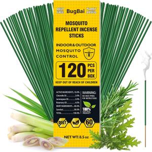 Bugbai Mosquito Repellent Outdoor Patio 120 PCS, Citronella Oil Mosquito Incense Sticks Indoor Home Pet Family Safe, Natural Plant-Based Bug Insect Barrier for Yard Garden Lawn Camping Fishing
