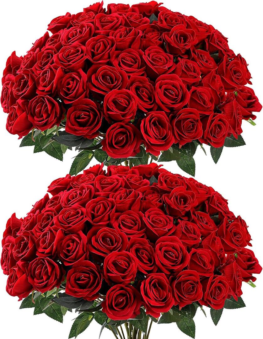 Sggvecsy 50 Pcs Artificial Roses Red Flowers Fake Velvet Silk Roses with Stems Bulk Realistic Faux Flowers for Bridal Bouquets Wedding Centerpieces Valentines Day DIY Home Party Decor (Red)