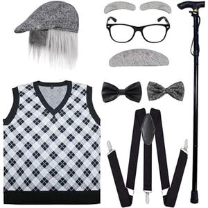 ATTBEA Old Man Costume for Kids 100 Days of School Costume for Boys with Old Man Hat, Old Person Glasses (Medium)