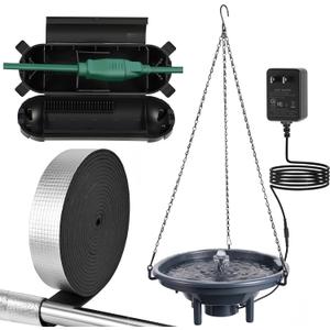 Hanging Bird Bath Fountain Kit, 12 Inch Plastic Birdbath with Flowing Fountain, US Plug, 32.8 ft Pipe Insulation Tape Wrap, 8 Inch Outdoor Cord Connection Box for Garden Lawn Yard