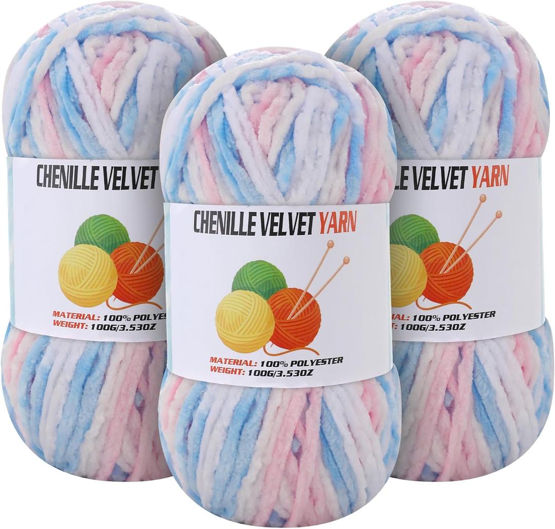 3 * 100g Velvet Chenille Chunky Yarn for Crocheting, Handcrafts Weaving Soft Chenille Yarn for Crocheting Clearance, Used for Making Baby Yarns Blanket, Clothes, Knitting Creations (Colorful - B)