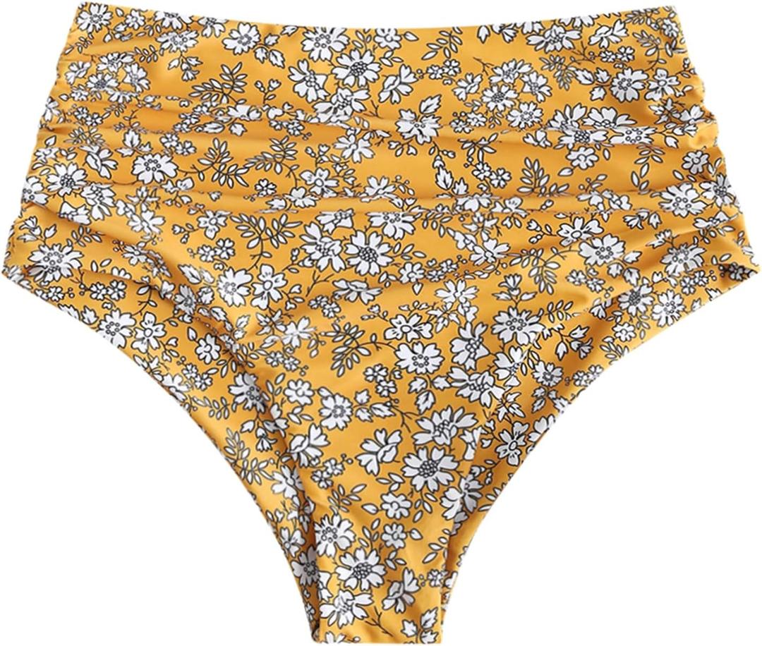 ZAFUL Women High Waisted Bikini Bottoms Ruched Swimsuit Bottom Tummy Control Bathing Suit Bottoms (Small, Yellow Floral)