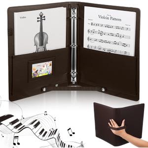 Sheet Music Folder 3 Ring Brown(13" x 9.8"), Large PU Leather Choir Folder with Hand Strap and Internal Retention Strap for Piano, Choral, Musician & Stage Performance (Brown)