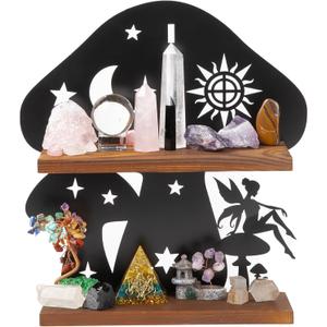 Wooden Mushroom Shelf with Iron Backing - Rustic Wall Decor for Crystals, Oils & Trinkets | Decorative Display Shelf for Witchy Room, Mushroom Decor & Fairy Core Decor | Mushroom Wall Art Gift