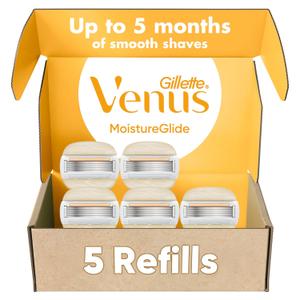 Gillette Venus Moistureglide Women's Razor Refills, 5 Refill Cartridges, Fits Venus Reusable Razor Handles, 5-Bladed Razor Blades with Built-in Shave Gel Bars, Women's Razor