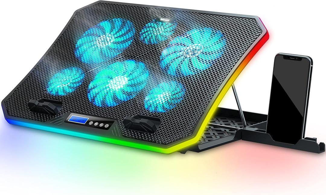 TopMate C12 Laptop Cooling Pad RGB Gaming Notebook Cooler for Desk and Lap Use, Laptop Fan Stand 8 Adjustable Heights with 6 Quiet Fans and Phone Holder, for 15.6-17.3 Inch Laptops-Ice Blue LED Light