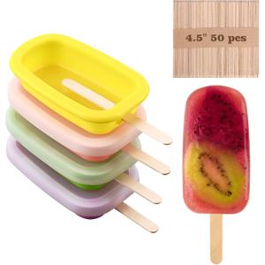 Sakolla 4 Pcs Silicone Popsicle Molds with Lid & 50 Pcs Wooden Popsicle Sticks, Stackable Classic Oval Ice Cream Molds for Homemade Ice Pop, Cakesicles, Freezer Yogurt and Fruit Juice (Multicolor) (Yellow Pink Green Purple)