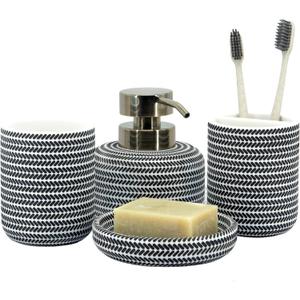 ZCCZ Black and White Bathroom Accessories Set, 4 Pieces - Toothbrush Holder, Soap Dispenser, Vanity Tray, Tumbler - Countertop Organizer for Bathroom Decor - Modern Accessory Set for Home and Office