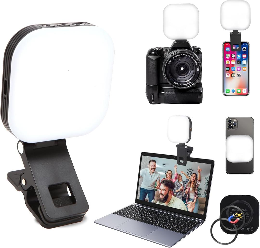 2 x Portable Magnetic Selfie Light Video Conference Lighting with Clip & Camera Adapter 1000mAh Battery 3 Light Modes for Phone Tablets Laptops Cameras Makeup Video Conferencing Live Streaming