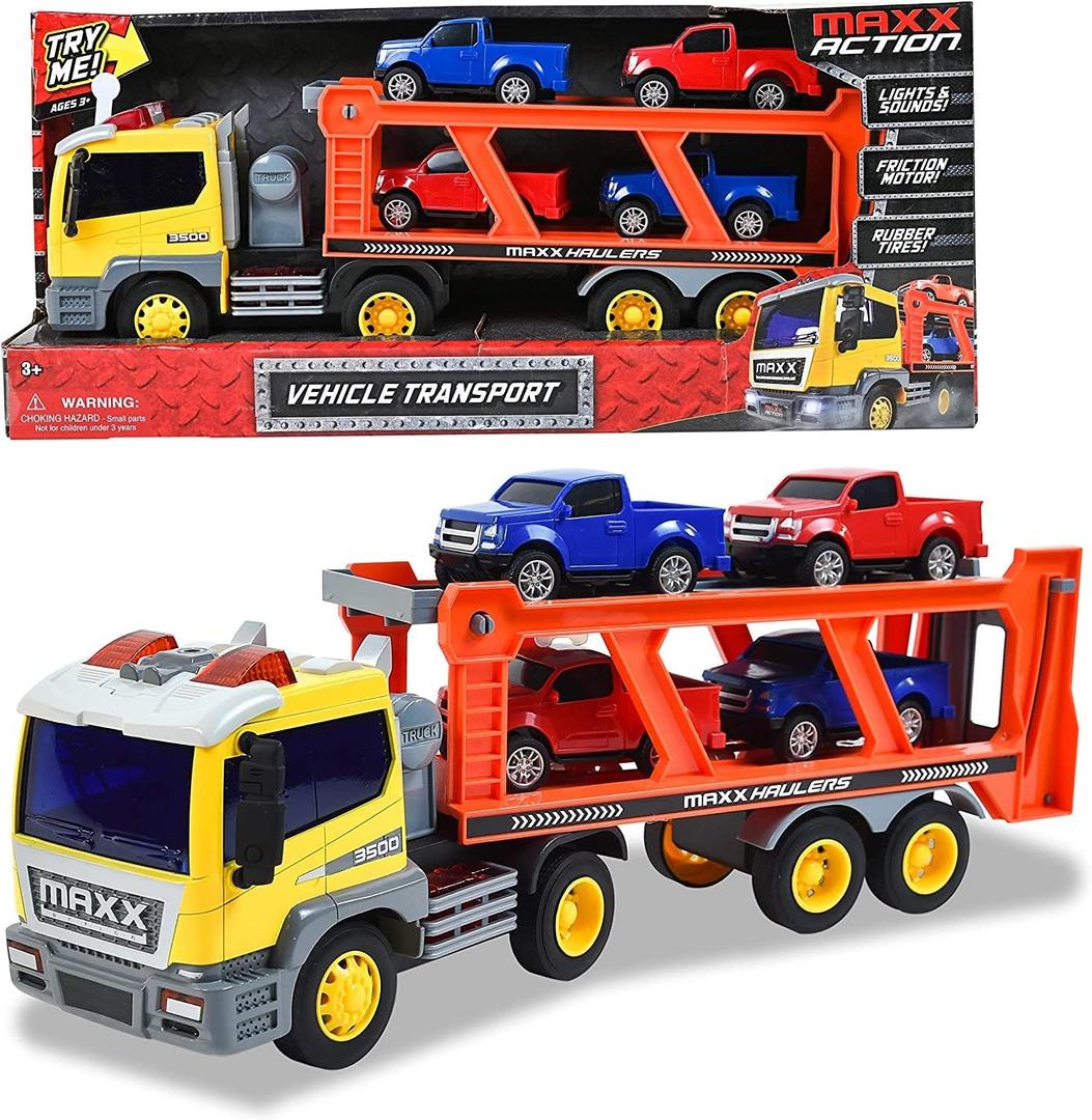 Sunny Days Entertainment Maxx Action 17 Vehicle Transport with 4 Diecast Trucks  Bright Lights and Car Sounds | Friction Powered Trailer | 6 Piece Toy Playset for Kids