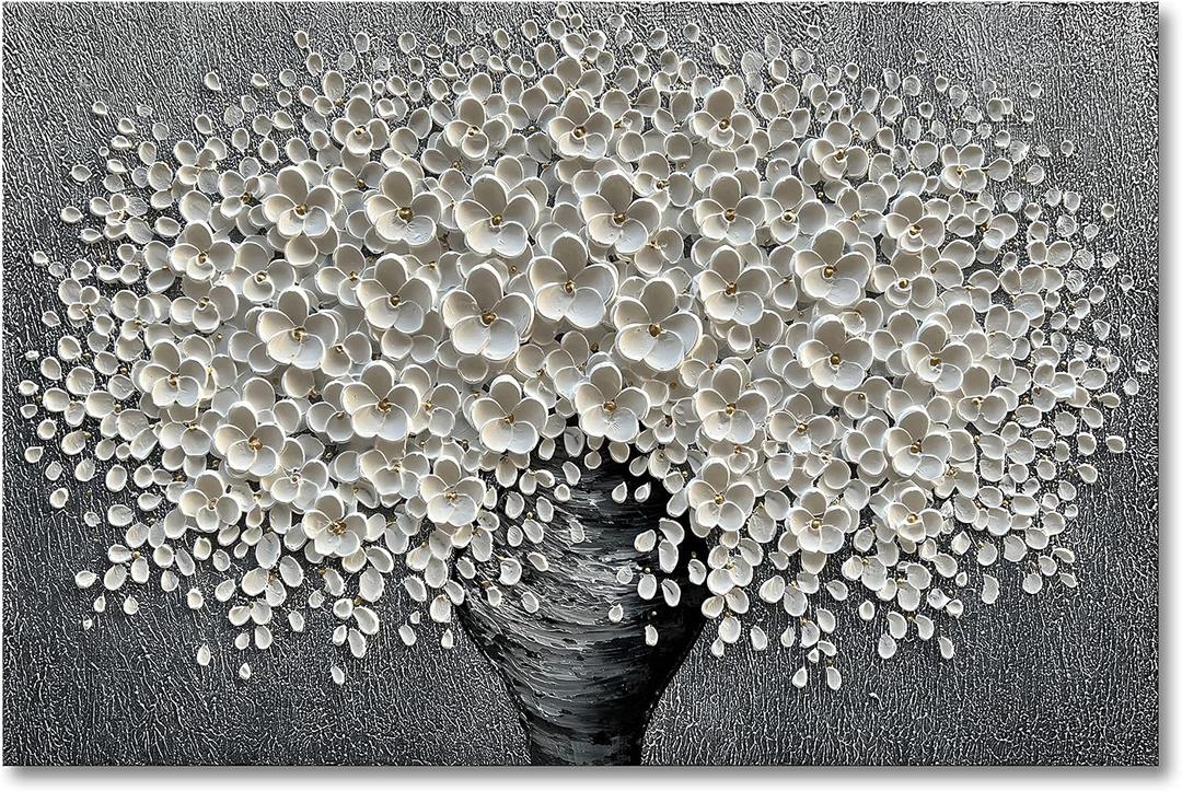 Epicler 30x45 inch Hand-Painted Oil Painting, White Bouquet Oil Painting, Canvas Wall Decoration Painting