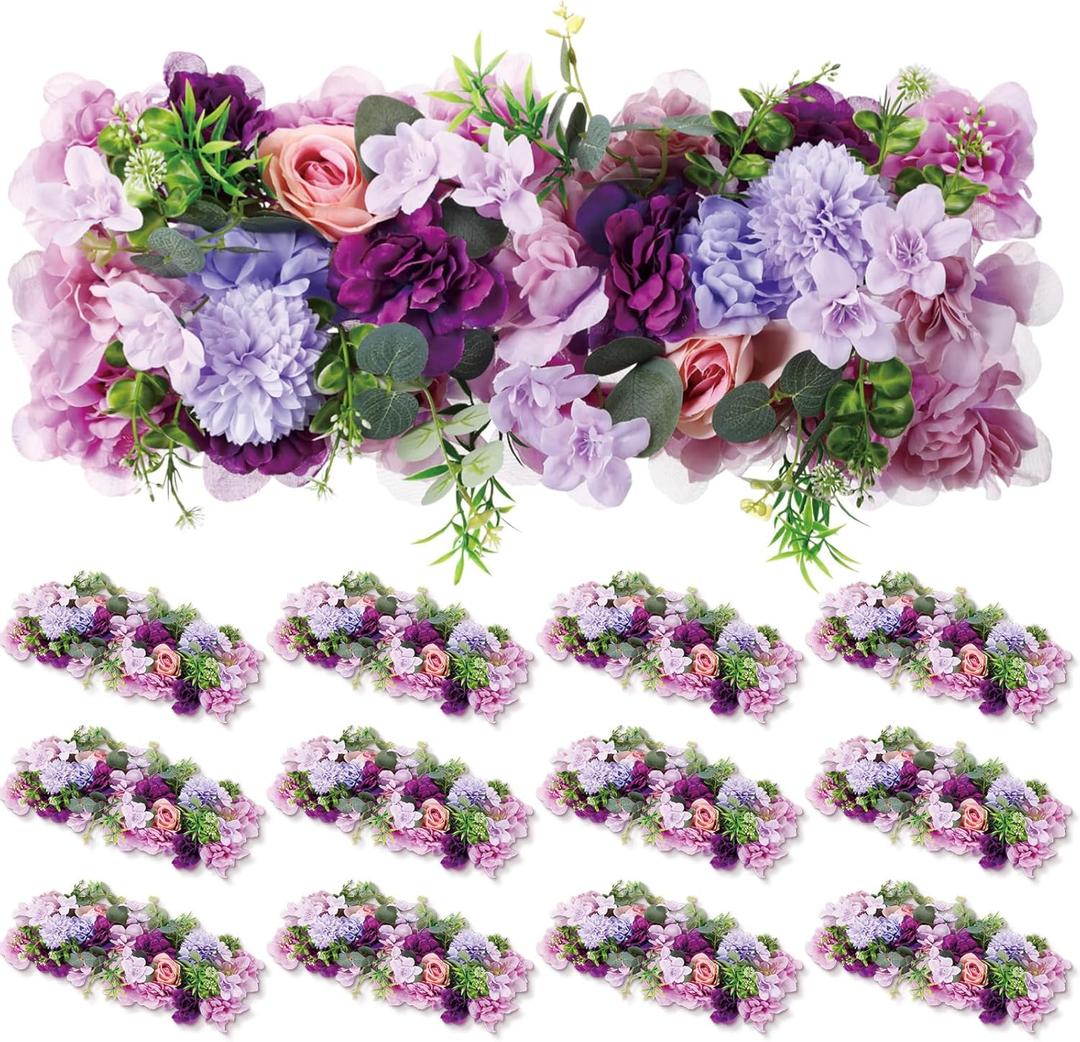 12 Pcs Wedding Arch Artificial Flower Panel Floral Swags Realistic Rose Silk Fake Peony Arrangement for Romantic Wedding Wall Reception Ceremony Welcome Sign, 20.9 x 9.4 Inches (Blue Pink)