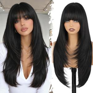 XIXIBI Black Wig with Bangs for Women,4x4 Realistic Scalp,Long Straight Face-Framing Layers Hairstyle Glueless Synthetic Wigs 26Inches for Daily Party Use