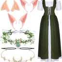 Bonuci 6 Pcs Women Renaissance Costume Fairy Dress Medieval Costume with Elf Ears, Moon Head Chain and Woodland Fairy Crown, Light Green, S/M