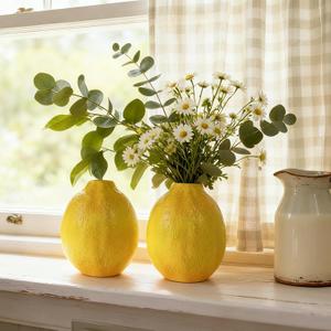 Cynkeyee Unique Lemons Shaped Vase for Decor - Set of 2 Fruit Shaped Vase, Ceramic Vases Decor for Flowers, Fake Lemon Decorations Vases for Centerpieces, Living Room, Kitchen 3.5 x 3.5 x 4.5 Inch