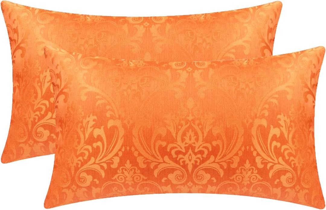 CaliTime Fall Pack of 2 Throw Pillow Covers Cases for Couch Sofa Home Decoration Vintage Damask Floral Shining & Dull Contrast 12 X 20 Inches Bright Orange