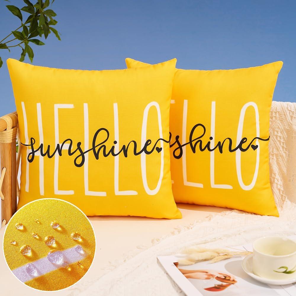 DFXSZ Outdoor Pillow Covers 18x18 Inch Set of 2 Hello Sunshine Decor Yellow Waterproof Summer Outdoor Waterproof Pillow Covers Decor for Patio Funiture Garden Sofa Couch 020B18