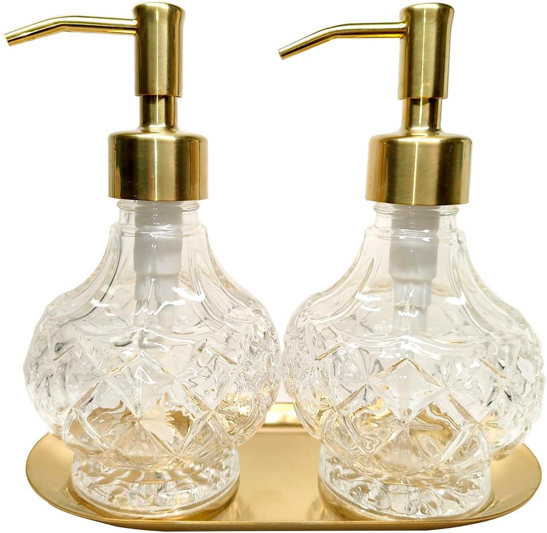 Kollong Glass Soap Dispenser with Pump and Stainless Steel Tray.Vintage Soap Dispenser Bathroom & Kitchen Set w. Dish Soap, Hand Soap, Lotion Dispenser (Gold)