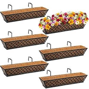 Geetery 6 Pack Window Railing Planter 30 Inch Deck Black Metal Hanging Flower Planter Basket Window Boxes Railing Planter Basket with Coconut Liner for Patio Fence Porch Balcony(Vintage)