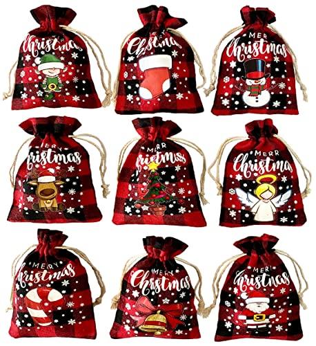 36 Pack Small Christmas Buffalo Plaid Gift Bags, Tiny Burlap Candy Bags with Drawstring for Xmas Stocking Stuffers, 9 Styles: Christmas Tree, Snowman, Santa Claus, Elk, Bell, Stocking