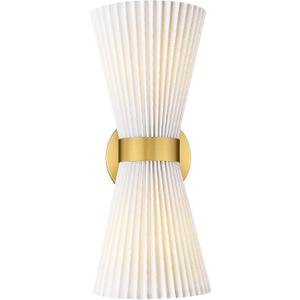 Gold Sconce Wall Lighting, HWH Single Wall Vanity Light Fixture for Living Room, Bathroom Wall Sconces with Milk White Striped Fabric Shade, Brushed Gold Finish, 5HZG97B-2W BG-FB