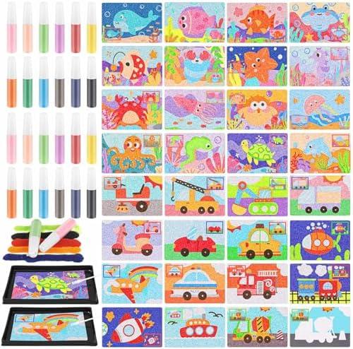 Tenceur 57 Pcs Kids' Sand Art Kits Color Craft Sand Art Pictures Peel  Painting Board Tray Brush Bottles for Kids Valentine's Day DIY Crafts(Underwater World and Transportation)