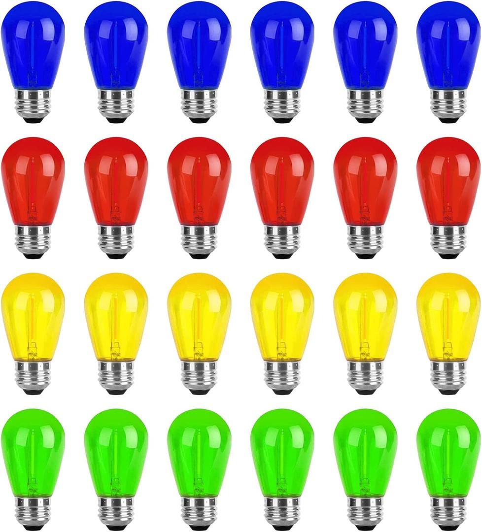 Christmas Light Bulbs 24-Pack S14 Colored LED String Light Bulbs Replacement, E26 Base 1W Plastic Shatterproof Waterproof, Christmas Light Bulb Red, Green, Yellow, Blue (Multi-colored-120v)