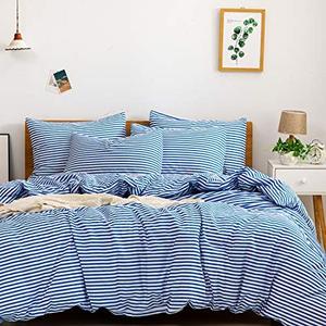 JELLYMONI 100% Natural Cotton 3pcs Striped Duvet Cover Sets, White Duvet Cover with Blue Stripes Pattern Printed Comforter Cover, with Zipper Closure & Corner Ties (Queen Size)